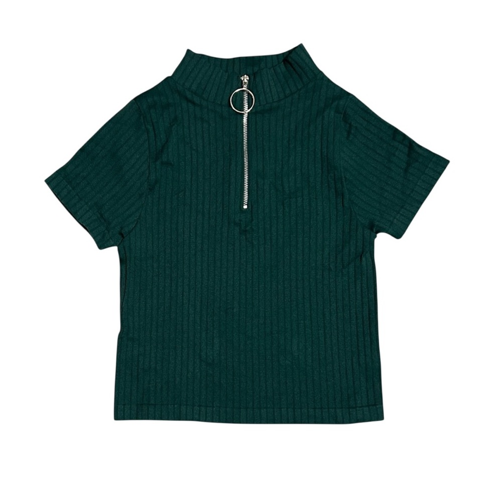 Bloom Seasons Stretchy Half Zip Short Sleeve Ribbed Top Women’s Small